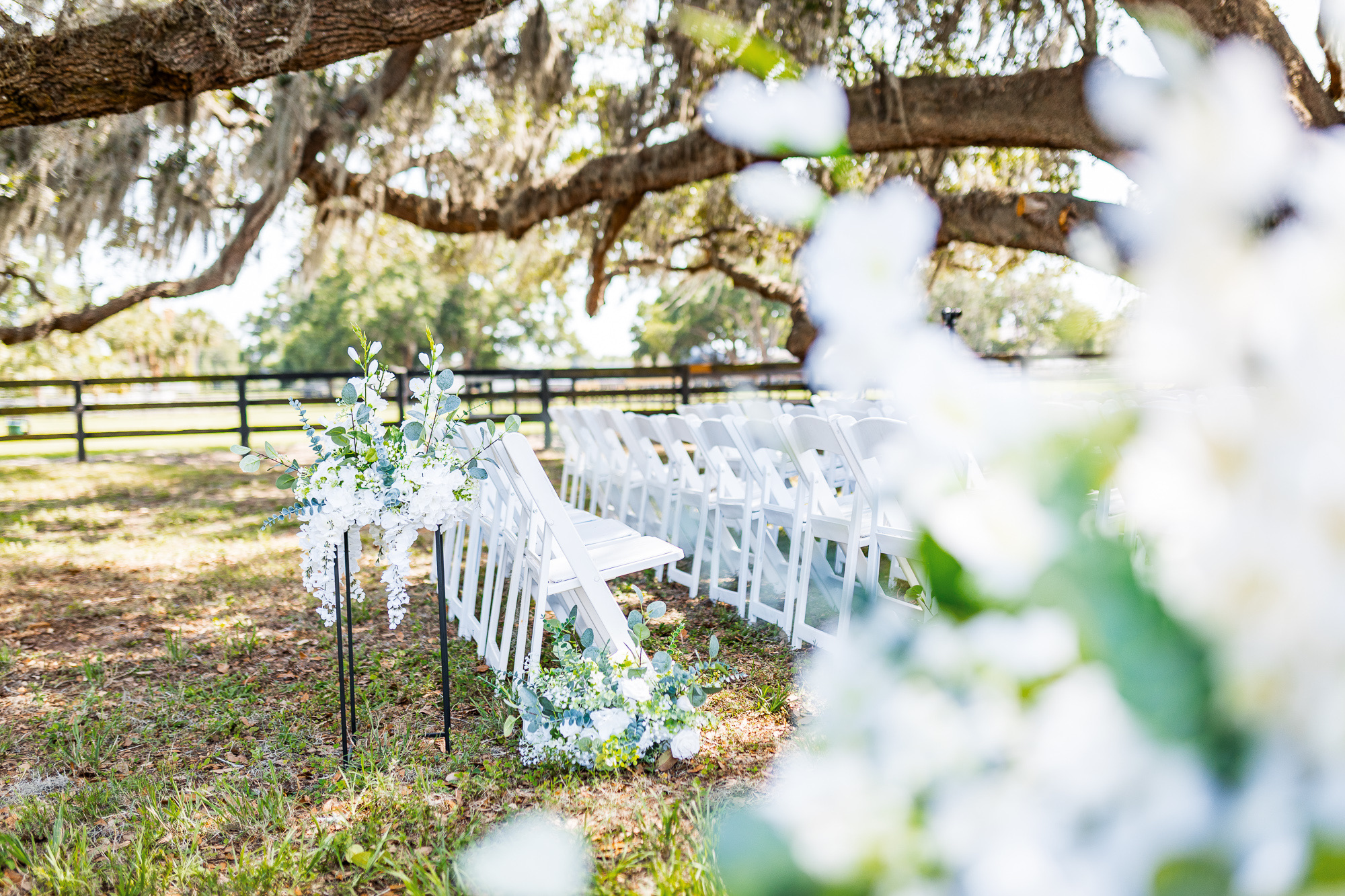 White flowers lining the ceremony seating under Spanish moss